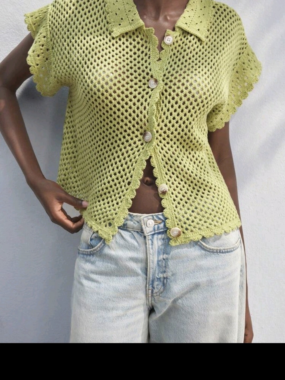 Lace-Trim Crochet Button-Up Top in Lime Green